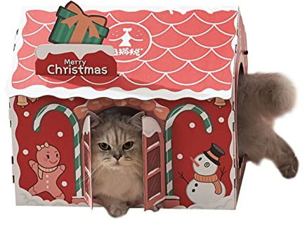 Minan Wellpappe Katzenhaus, Kratzbrett Spielzeug Mit Fenstern Und Katzenminze, Weihnachtskatzenhaus, Katzengeschenke (46x33x40cm) Rot