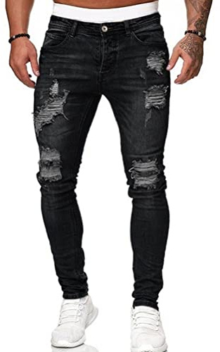 Osheoiso Jean Troué Homme Mode Skinny Slim Fit Pantalon Denim Styles Déchiré Sport Trousers avec Fermeture Éclair Casual Pants Trekking Outdoor Cargo Vintage A Noir L