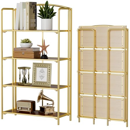 Crofy No Assembly Folding Bookshelf for Living Room, 4 Tier Gold Collapsible Book Shelf for Home Office, Portable Bookcase Storage Organizer