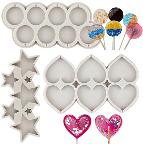 Sijiangmold Lollipop-Fondant-Formen, Liebesherz, Lutscher-Silikonformen, runde Sternform, Süßigkeitenform für Cupcake-Topper, Kuchendekoration, Schokolade, Handwerk, Gummi, Polymer-Ton, 3 Stück
