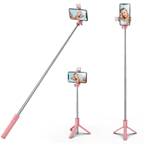 H.May Trípode Palo Selfie con Luz, Soporte de Trípode Estable Control Remoto Bluetooth Desmontable Compatible con iPhone y Android, Vlogueo, Transmisión, TikTok, Youtube, Rosa