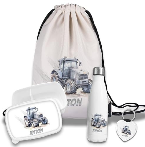 timalo Kinder Schulset Brotdose, Trinkflasche, Turnbeutel personalisiert mit Namen | Set Wasserflasche Edelstahl | Lunchbox mit Trennwand | Geschenk zur Einschulung & Kindergarten | 15 - Traktor
