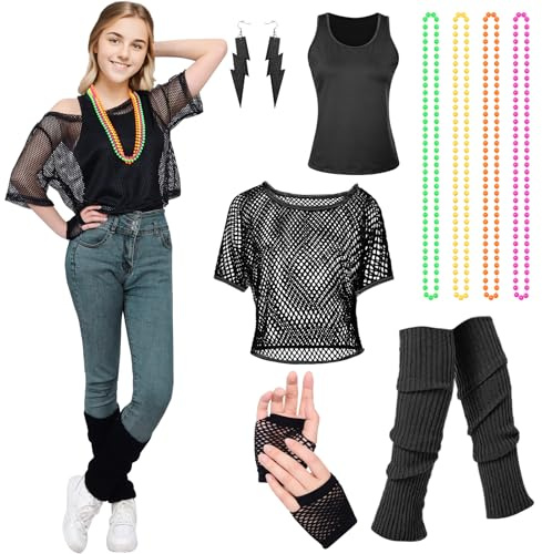 Matreeglam Ensemble résille années 80-90 femme Style T-shirt néon Accessoire rétro gants maille jambières Fête thème carnaval fête