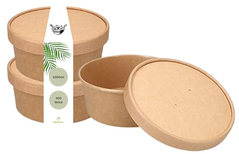 DeinPack Lot de 300 bols à salade 1000 ml - Avec couvercle marron rond - En carton kraft recyclable - Avec revêtement intérieur PLA - Couvercle kraft