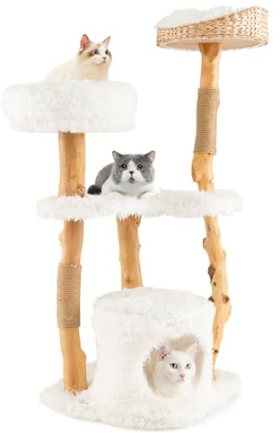 SOARS Rascador de madera, árbol para gatos con 3 troncos naturales de peral, cueva para gatos y superficies de felpa, con cama trenzada a mano y cuerda de yute, muebles para gatos, varios pisos, 48 x
