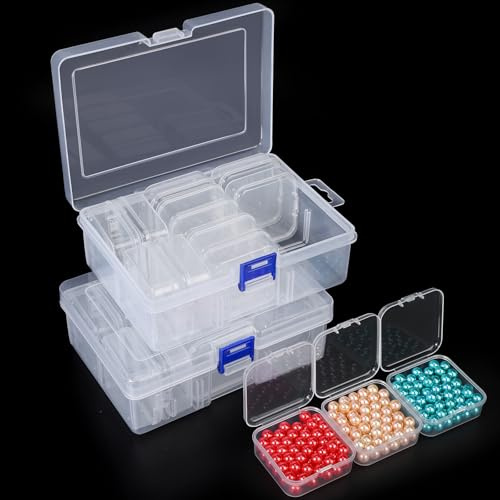 Segbeauty Caja de Almacenamiento, 2 Pcs Caja Clasificadora Plastico de 14 Compartimentos, con Tapa, para Diamond Painting, Manicuras, Aretes, Abalorios (Transparente)