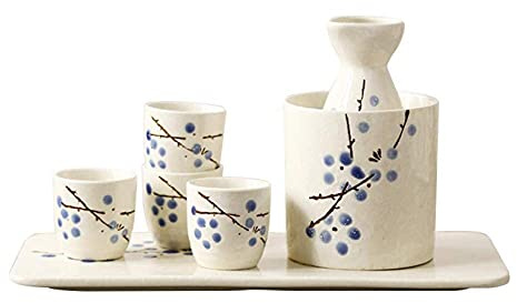 JFNHUTL Sake Pot Set Traditional Sake Cup Hand Painted Design Porcelain Pottery Ceramic Crafts Wine Glasses Sake Cups 7 Piece, White+Blue Plum