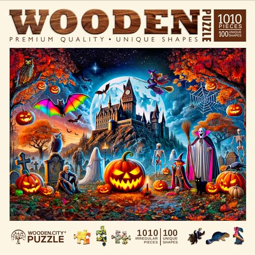 WOODEN.CITY Halloween Puzzle aus Holz 1000 Teile - Geisterhafte Kürbisnacht - 54,0 x 39,4 cm - Made in EU