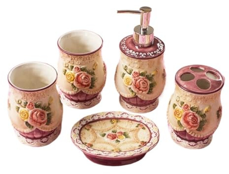 MEIZHITU Set Portasapone Bagno Set di Accessori da Bagno in Ceramica A Rilievo da 5 Pezzi, Kit da Bagno in Stile Europeo dal Design Vintage per Regalo di Nozze Set Dispenser Bagno