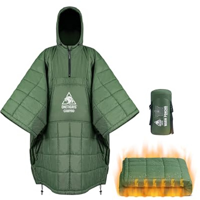 OneTigris poncho med Thinsulate 3M isolering, varm vattentät filt, stora fickor, bärbar huvfilt för utomhusbruk, vandring, resor, grön