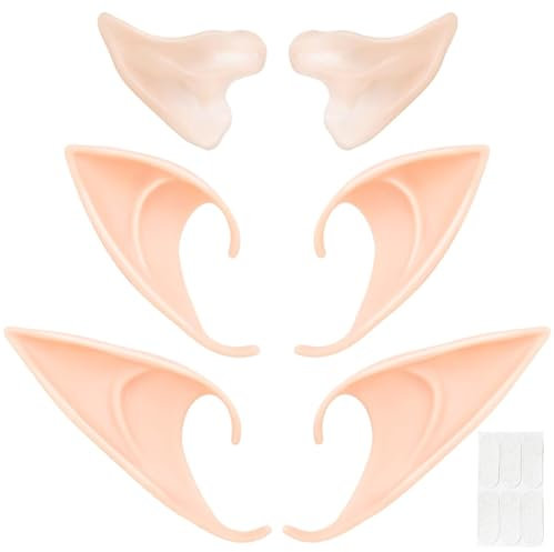 IKOPFLN 3 Paar Premium Latex Elfenohren in verschiedenen Größen mit 6 Ohr-Stützaufkleber, Weiche Spitzohren Set für Kinder & Erwachsene, Fantasy Kostüm Zubehör für Cosplay, Karneval
