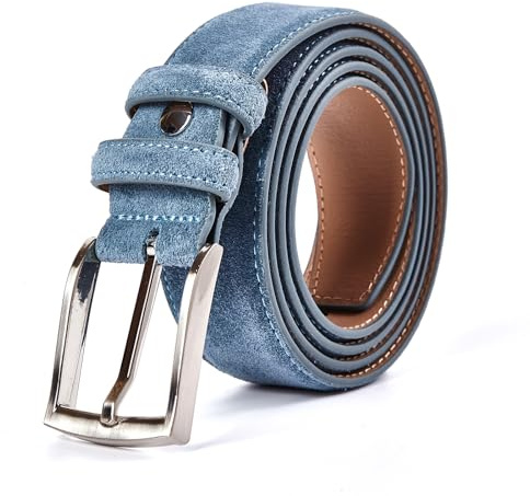 Ximraood Dicker Wildledergürtel für Herren, echtes Leder, lässiger Gürtel, 34 mm breit, Blau, 32(Fits Waist 30-31)