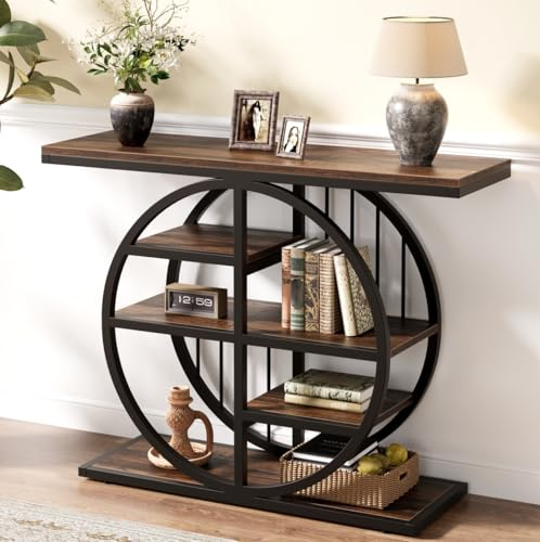 Tribesigns Console Table, 100 cm Industrial 5-Tier Sofa Table Entryway Furniture with Circle Base, Narrow Wood Accent Tables with Storage Shelves for Living Room, Hallway, Foyer (Rustic Brown)