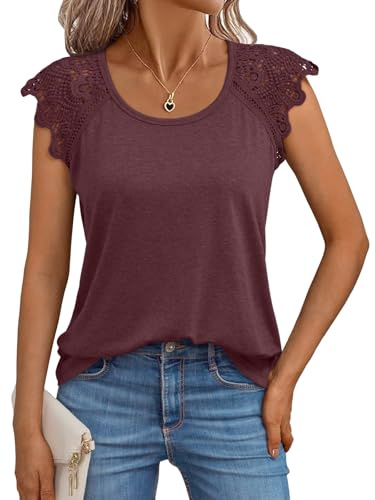 AUTOMET Womens Spring Tops Short Sleeve Summer Shirts 2026 Business Casual Dressy Tank Top Loose Fit Cap Lace Sleeveless Tshirts Cute Basic Tee Trendy Fashion Spring Beach Vacation Outfits WineRed L