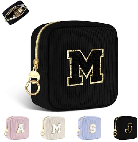 Personalisierte Kosmetiktasche Kleine Make up Tasche Cord Schminktasche Damen Tragbare Reise-Kulturbeutel für Toilettenartikel Organizer Personalisierte Initialen Geburtstag für Mädchen Schwarz M