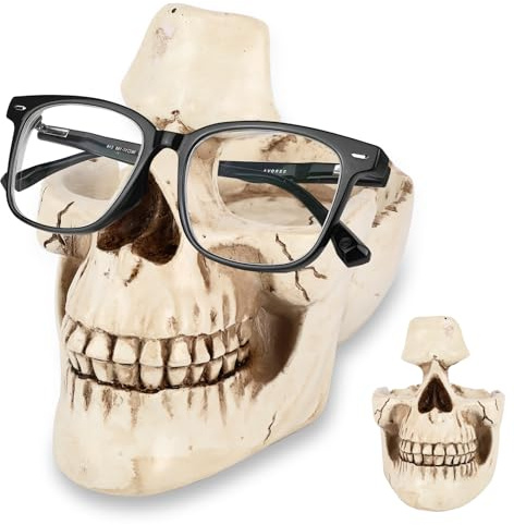 Kinberry Skull Glasses Holder Stand, Novelty Skull Eyeglass Holder with Storage Box Gifts for Men, Resin Skull Head Statue,Ring, Watch Key Holder Wallet Storage Box, Home Office Desk Decor Gift