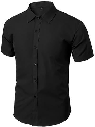 Mrat Chemise pour homme infroissable pour homme - Coupe régulière - Sans repassage - Extensible - Uni - Chemise décontractée boutonnée à manches courtes - Pour le travail, le bureau, le mariage, Noir