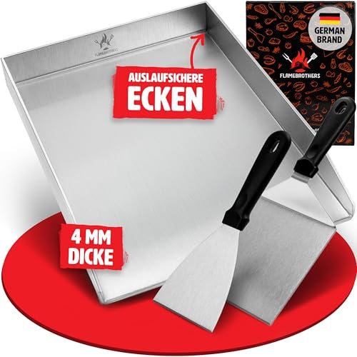 Plancha Grillplatte - All In Grillzubehör Set mit Grillspachtel & Grillschaber - 4mm rostfreier Edelstahl [40 x 30cm] - Grill Platte für Gas- & Kohlegrill - auslaufsichere Ecken für sauberen Grill
