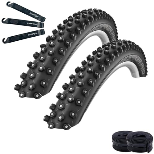 2 x Schwalbe Ice Spiker Pro RaceGuard Winterreifen Fahrradreifen in Schwarz 65-622 (29 x 2,60) + 2 x Schwalbe Schläuche SV19F inkl. maxxi4you Reifenheber