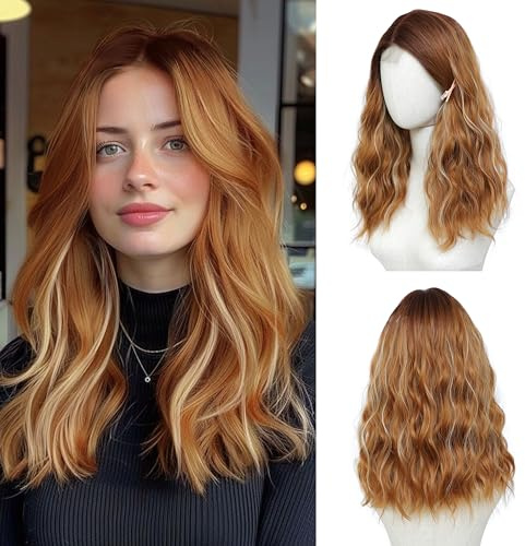 BUPPLER Wig 18 Inch Medium Length Wigs for Women Middle Part Synthetic Hair Wavy Wig with Upgraded Strands,Natural Hair Wigs for Daily Party/Halloween Use 18Inch,Highlight Copper