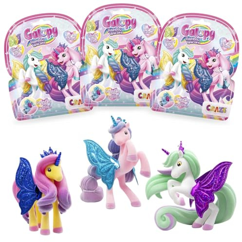 GALUPY Rainbow Unicorn 3er Pack - Einhorn Spielzeug zu Sammeln, Einhorn Figuren mit Glitzerflügeln & Swarovski Kristal - Spielzeug mädchen 3 Jahre