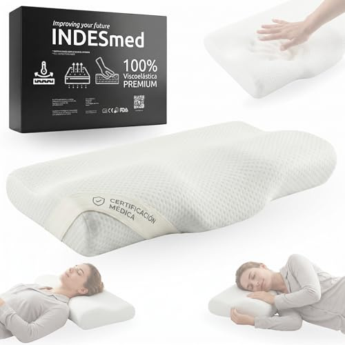 INDESMED Cuscino Cervical viscoelastico Premium con effetto memoria - Cuscino ortopedico ergonomico per dolore al collo e alla nuca | Fodera lavabile e protettiva traspirante | Supporto terapeutico
