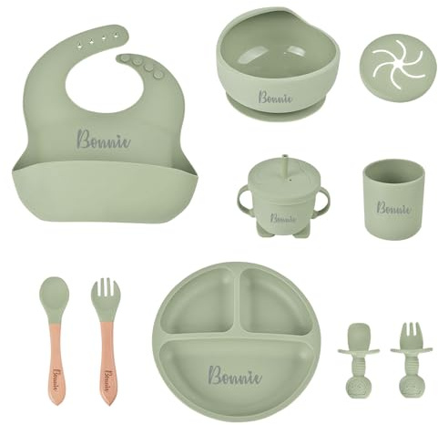 Set de Vajilla de Silicona para Bebé, Set Alimentacion Complementaria Bebe, Plato para Bebe con Ventosas,Babero Ajustable Antifugas,Fácil de Limpiar, Apto para microondas y lavavajillas