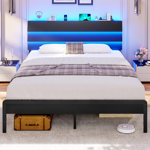 KIMENICH Lit 140x200 avec Sommier Métal, Lit Double avec 3 Rubans LED Réglables et Multiprise, Cadre de Lits avec Étagère Ouverte et Rangement sous Le Sommier 140x200, sans Matelas, Noir