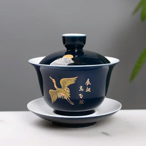 Tasse à thé chinoise en porcelaine Gaiwan, Service à thé chinois Gaiwan en céramique avec soucoupe, motif grue bleu et blanc(C)
