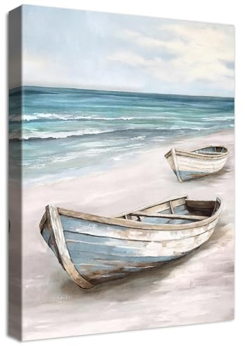 Marco de Madera Cuadros Modernos Barco Azul Blanco Mar Cuadro Decorativos Lienzo Pintura Imagen Póster Imágenes de Playa Arenosa Costero Cuadros Decoracion Salon Dormitorio Comedor Pasillo 30x40cm
