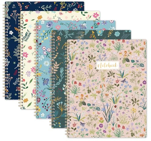 Indeme Notizbuch A4, liniert, 5 Stück, 80 Seiten, 100 GSM, Spiral-Notizbuch Mit Reißbare Seiten, Floral