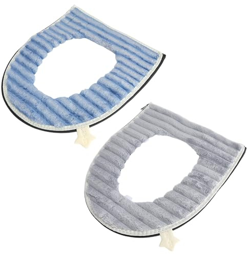 JYYWTSI Set di 2 coprisedili WC in Peluche Spesso, Morbidi, Caldi, Antiscivolo e Lavabili, con Cerniera e Velcro, universali per Water Rotondi e ovali (Blu + Grigio)