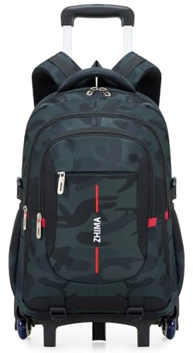 Lutuan Schulrucksack mit Rollen für Jungen, Abnehmbar Schulranzen Trolley | 26L, 6 Räder Schultasche Teenager, Modischer Lässiger Rucksack für Reisen, Grün Camouflage