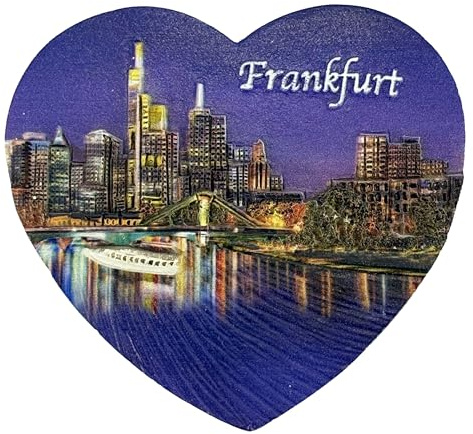 Souvenir Kühlschrankmagnet – Herzmotiv mit Skyline und Mainufer Panorama, detailreicher 3D Magnet – Reiseandenken Mitbringsel & Geschenkidee – Frankfurt
