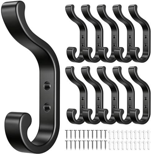 Heavy-Duty Metal Double Coat Hooks, 10 Pack, Black, Up to 13.5 kg | Doppelhaken zum Anschrauben | Bis 13,5 kg belastbar | Geeignet für Akustikpaneele und Wandpaneele | Metall | Josmimic