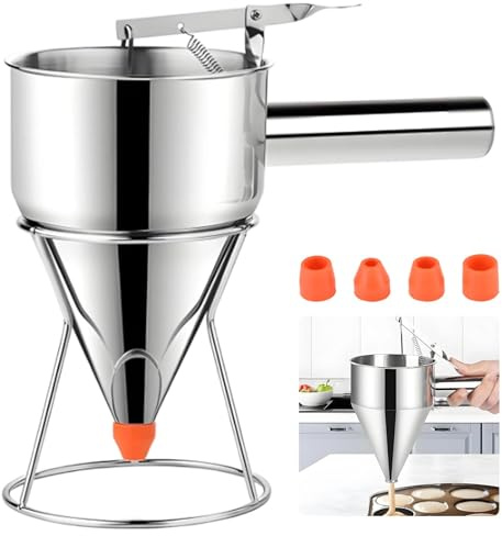 Pancake Batter Dispenser, Stainless Steel Pancake Dispenser Piston Funnel with Handle and Rack, Kitchen Baking Batter Pourer for Cupcake, Cake, Waffle Mix, Whipped Cream, Sauce, Wax & Candle Making