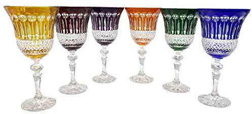 6 Bicchieri di Vino e Acqua in Cristallo - Assortimenti di 6 Colori - Arte della Tavola - Service Roemer Diamant (22 cl) - Maison Klein Artisan du Cristal - Firmata : Klein 54120 Baccarat France