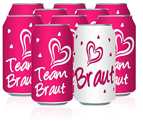 Oblique Unique 1x Braut + 9 x Team Braut Dosen Flaschen Etikett Aufkleber als Set JGA Junggesellinnenabschied Hen Party Pink Weiß