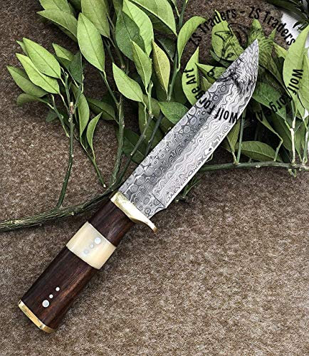 Z.S Traders - Cuchillo de cocina universal de acero de damasco forjado a mano con hueso de madera rosa y mango de latón y funda de cuero puro