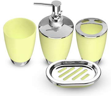 TuToy 4Pcs Plastic Bathroom Set Cup Toothbrush Holder Soap Dish Dispenser Bottle Washroom Accessories - Yellow