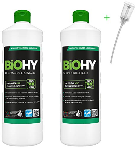 BiOHY Kit de nettoyage | Nettoyeur à ultrasons 1 Litre | Nettoyeur de bijoux 1 Litre | avec Distributeur | (Reinigungs-Set)
