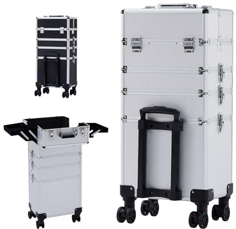 Arebos 4-in-1 Kosmetikkoffer | 4 Fächer & 1 Schublade | Teleskop- und Tragegriff | 8 Schlösser | 4X 360°-Rollen | Samtfutter | Trolley | Make-Up Koffer | Silber