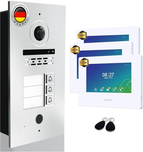 MATHFEL 2 Draht Bus IP 3 Familienhaus Video Türsprechanlage Fischaugenkamera 170 Grad, Außenstation in Aluminium, 3x7'' Monitor Weiß mit RFID Zugangskontroll