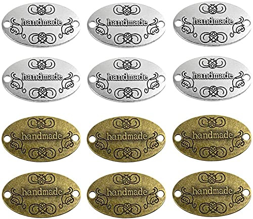 Pamtns Handmade Label Metall 150 Stück Lederetiketten Handmade Knöpfe Handmade Labels zum annähen Charm Anhänger Label Handmade Größenetiketten Etiketten Anhänger Label Nähen für DIY Handwerk
