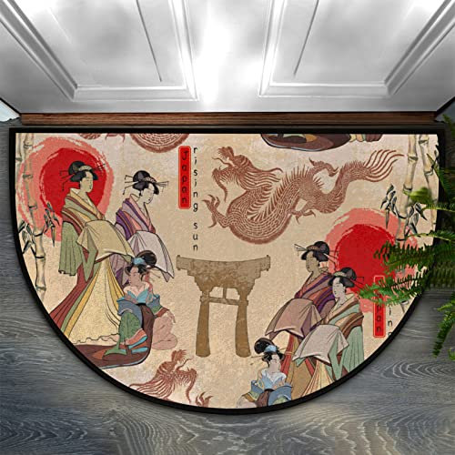 Japanese Geishas And Dragons Half Round Entrance Door Mat Non-Slip Rubber Backing Welcome Doormat Heavy Duty and Durable Outdoor and Indoor Entrance Rug EntryWay Dirt Trapper Front Door Mat