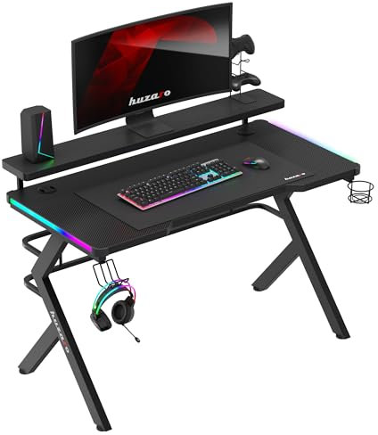 huzaro Hero 5.0 RGB | LED Lichter Gaming Tisch Schreibtisch Computertisch | Homeoffice Arbeitszimmer Gamer | Monitorständer | Kopfhörerhaken Getränkehalter | Carbon Tischplatte | 120x60 | Schwarz