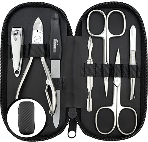 marQus Solingen Maniküre Set Herren und Damen 7 Teile mit Nagelzange - Made in Germany für Hand- und Fußpflege - Kunstleder Etui mit Karbonoptikschicht