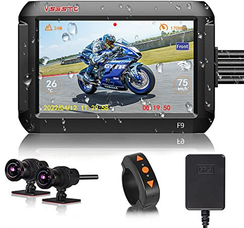 VSYSTO Motorcycle Camera Front and Rear, Dual Lens 1080P Video Recorder 4'' LCD Screen 150° Wide Angle Waterproof Motorcycle Dash Cam with GPS, WiFi, Night Vision, Parking Monitoring