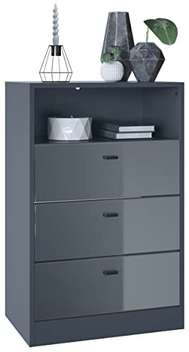 Vladon Kommode Pino V2, Made in Germany, Anrichte mit 3 Schubladen & 1 offenem Fach, Anthrazit matt/Grau Hochglanz ohne LED (56 x 86,5 x 36 cm)
