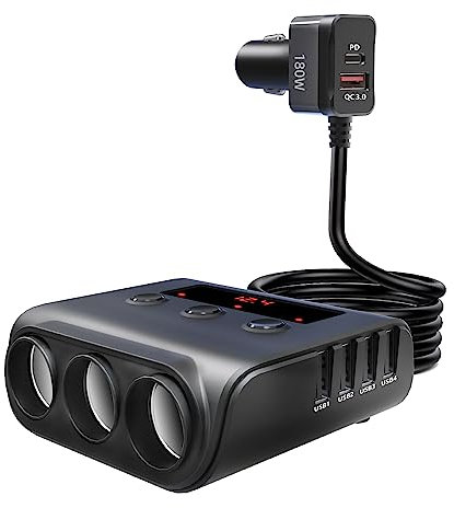 Zigarettenanzünder USB C 3 Fach Verteiler, 180W Auto Ladegerät Adapter, Car Gadget Auto Zubehör Innenraum 12V 24V zigarettenanzünder Splitter mit 5 USB für Smartphone iPad Dashcam GPS Sitzheizung